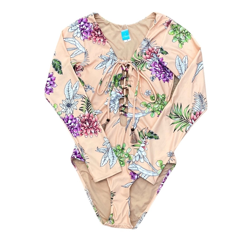 Letarte Floral Peach Long Sleeves Lace Up Bodysuit S